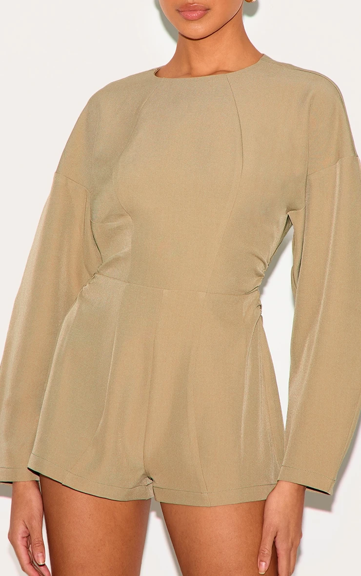 Prettylittlething Stone Tailored Woven High Neck Cocoon Sleeve Romper 4 Prettylittlething Stone Tailored Woven High Neck Cocoon Sleeve Romper - Image 4