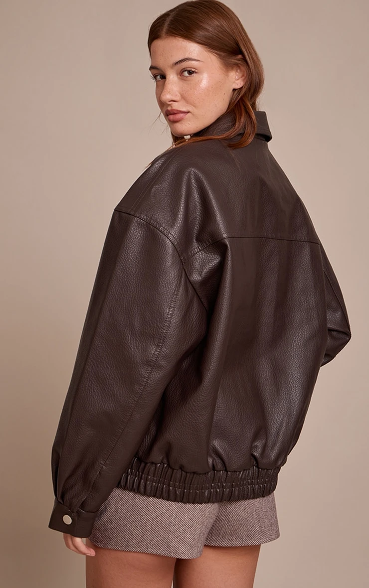 Chocolate Concealed Placket Faux Leather Bomber Jacket 2 Chocolate Concealed Placket Faux Leather Bomber Jacket - Image 2