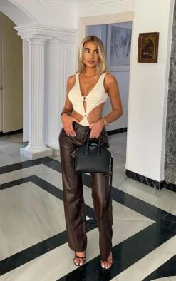 Chocolate Faux Leather Pleat Detail Wide Leg Pants