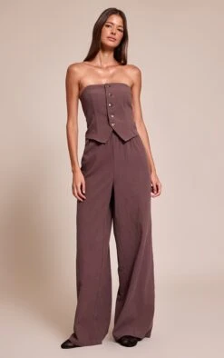 Brown Textured Bandeau Button Jumpsuit