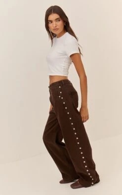 Prettylittlething Chocolate Side Studded High Waist Jeans