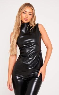 Prettylittlething Black Faux Leather High Neck Asymmetric Hem Side Ruch Top