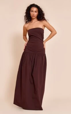 Chocolate Stretch Woven Bandeau Ruched Maxi Dress