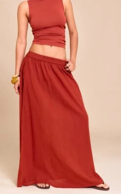 Prettylittlething Rust Cotton Cheesecloth Elasticated Waist Maxi Skirt