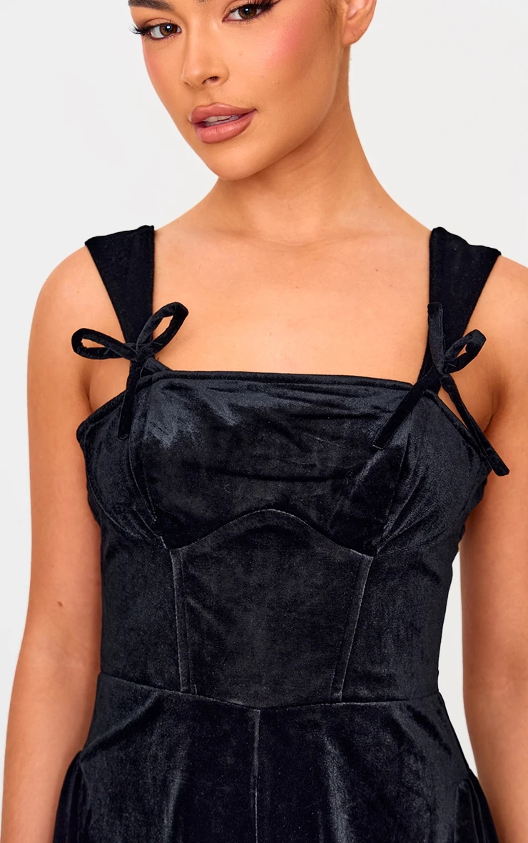 Prettylittlething Black Velvet Strappy Bow Detail Romper 4 Prettylittlething Black Velvet Strappy Bow Detail Romper - Image 4