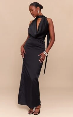Prettylittlething Black Satin Cowl Neck Drape Maxi Dress
