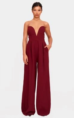 Prettylittlething PLT Label Burgundy Plunge Wide Leg Jumpsuit