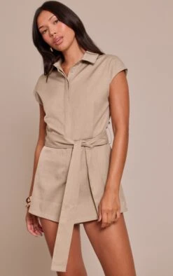 Prettylittlething Stone Woven Belt Detail Collar Romper