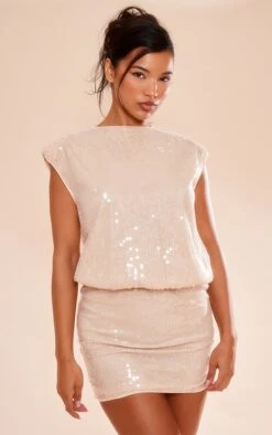 Prettylittlething Nude Sequin Shoulder Pad Sleeveless Bodycon Dress