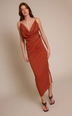 Prettylittlething Burnt Orange Chiffon Drape Cut Out Midi Dress