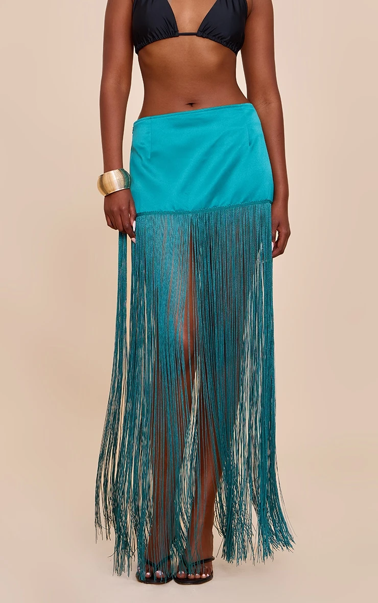 Prettylittlething Teal Satin Extreme Tassel Trim Mini Skirt 2 Prettylittlething Teal Satin Extreme Tassel Trim Mini Skirt - Image 2