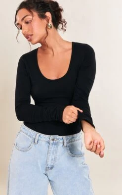 Prettylittlething Black Cotton Scoop Neck Long Sleeve Bodysuit