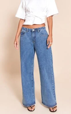 Prettylittlething Mid Blue Low Rise Wide Leg Jeans