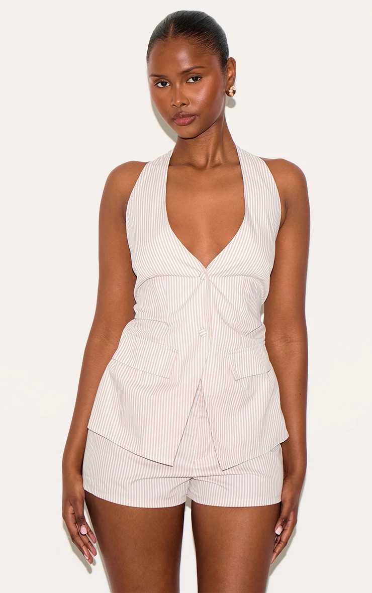Prettylittlething Stone Pinstripe Halter Vest Tailored Romper 1 Prettylittlething Stone Pinstripe Halter Vest Tailored Romper