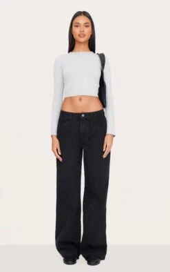 Prettylittlething Washed Black Low Rise Wide Leg Jean