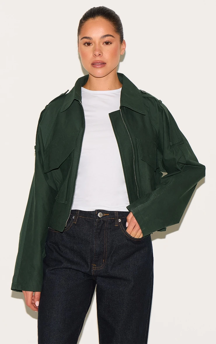 Prettylittlething Dark Khaki Trench Detail Cropped Zip Up Jacket