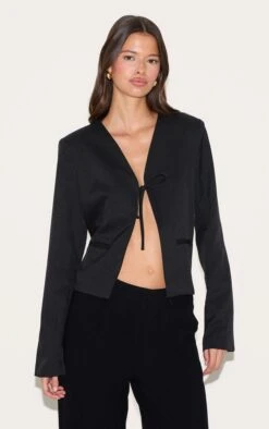 Prettylittlething Black Tie Up Boxy Blazer