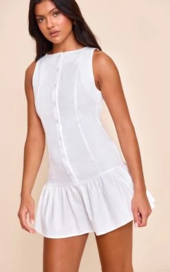 Prettylittlething White Button Down Boat Neck Shift Dress