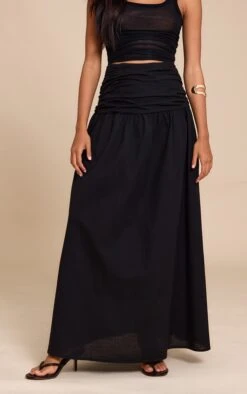 Prettylittlething Black Cotton Ruched Waist Maxi Skirt