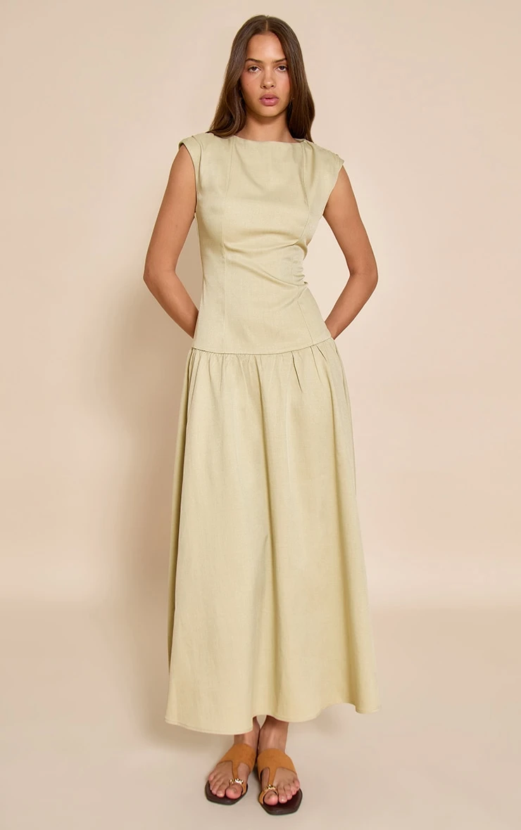 Prettylittlething Sage Woven Boat Neck Dropped Waist Maxi Dress - Image 4