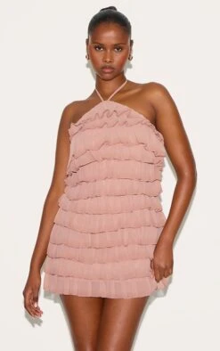 Prettylittlething Dusty Peach Extreme Ruffle Halterneck Shift Dress