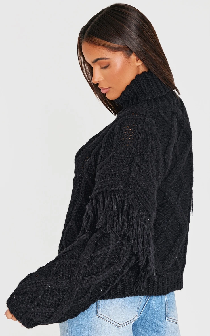 Prettylittlething Black Cable Knit Tassel Detail Roll Neck Sweater 2 Prettylittlething Black Cable Knit Tassel Detail Roll Neck Sweater - Image 2