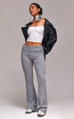 Prettylittlething Ash Grey Melange Soft Knit Foldover Waist Flared Pants