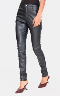 Prettylittlething Black Button Up Faux Leather Skinny Pants
