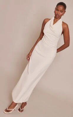 Cream Textured Cowl Neck Sleeveless Maxi Dress