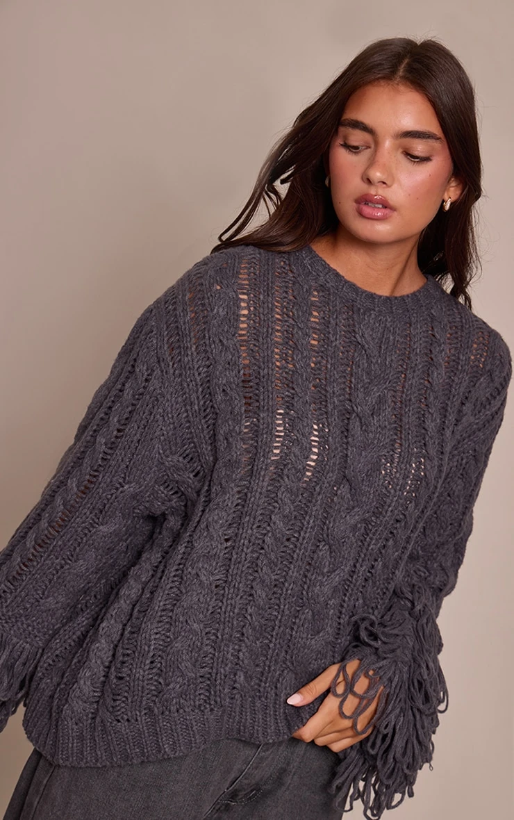 Charcoal Cable Knit Loop Trim Sweater 1 Charcoal Cable Knit Loop Trim Sweater