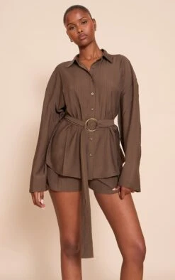 Chocolate Textured Belt Cinched Waist Shirt