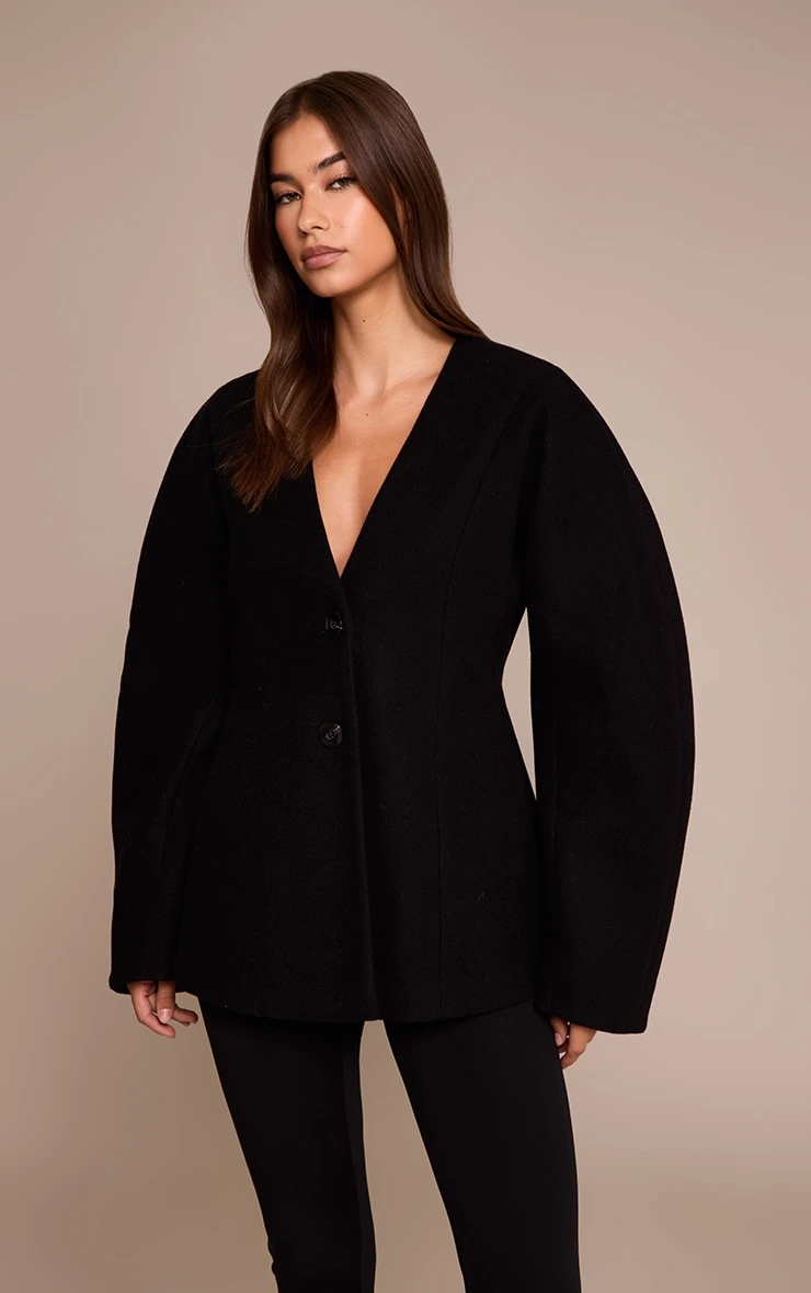 Prettylittlething Black Wool Look Collarless Cocoon Sleeve Blazer 1 Prettylittlething Black Wool Look Collarless Cocoon Sleeve Blazer
