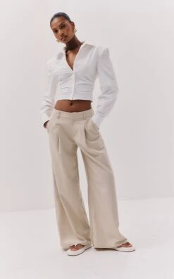 Prettylittlething Ecru Woven Double Pleat Wide Leg Pant