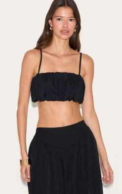 Prettylittlething Black Puff Ball Extreme Crop Top