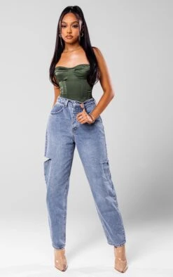 Prettylittlething Mid Wash Thigh Split Baggy Boyfriend Jeans