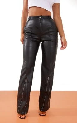 Prettylittlething Black Faux Leather Zip Seam Detail Straight Leg Pants
