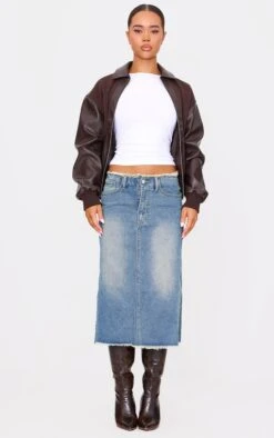 Prettylittlething Vintage Wash Side Split Raw Hem Denim Midi Skirt