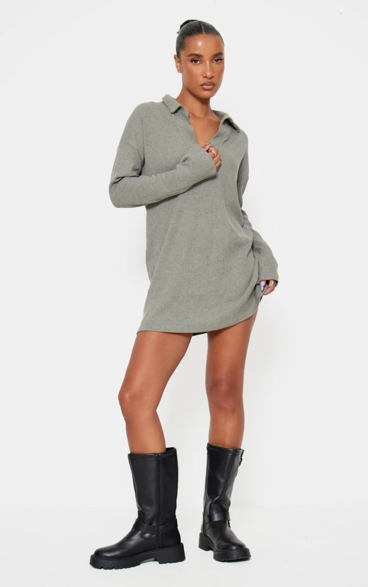 Prettylittlething Sage Khaki Rib V Neck Oversized Sweater Dress 3 Prettylittlething Sage Khaki Rib V Neck Oversized Sweater Dress - Image 3
