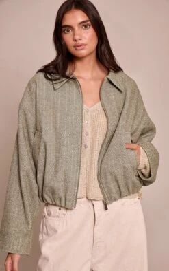 Prettylittlething Olive Herringbone Bomber Jacket