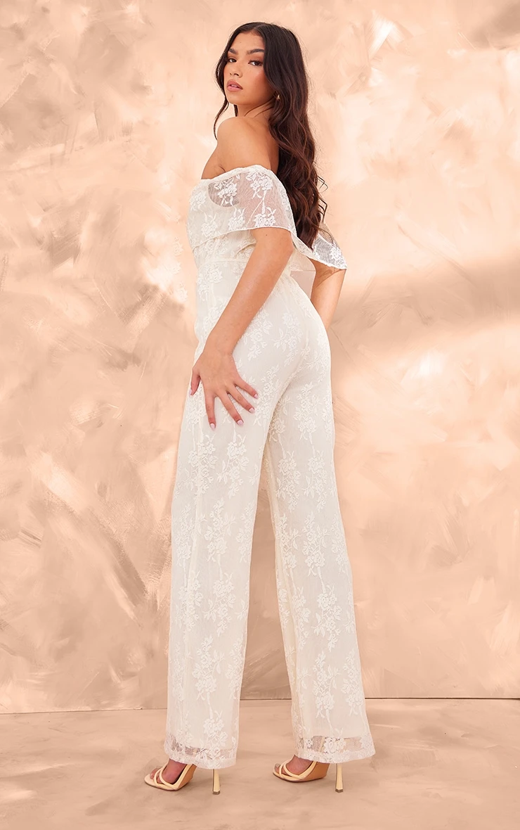 Prettylittlething Butter Cream Shimmer Floral Lace Bardot Jumpsuit 2 Prettylittlething Butter Cream Shimmer Floral Lace Bardot Jumpsuit - Image 2