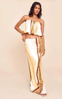 Multi Stripe Print Satin Mid Rise Maxi Skirt