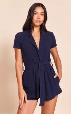 Prettylittlething Navy Linen Look Wrap Skort Romper