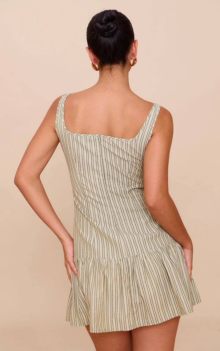 Prettylittlething Sage Green Striped Sleeveless Straight Neck Shift Dress - Image 2