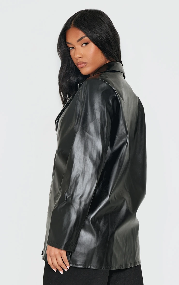 Prettylittlething Black Longline Lapel Detail Faux Leather Blazer 2 Prettylittlething Black Longline Lapel Detail Faux Leather Blazer - Image 2