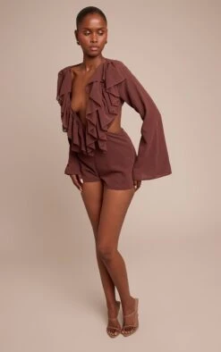 Prettylittlething Chocolate Frill Detail V Neck Romper 7 Prettylittlething Chocolate Frill Detail V Neck Romper -Pretty Little Thing Shop a250061c50b4c739195b5d2da9cc8a1a0fdf0374 CNO3067 3 chocolate frill detail v neck playsuit