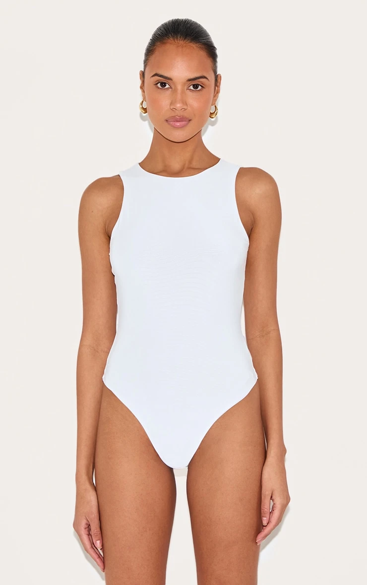 Prettylittlething White Basic Slinky Racer Bodysuit 2 Prettylittlething White Basic Slinky Racer Bodysuit - Image 2