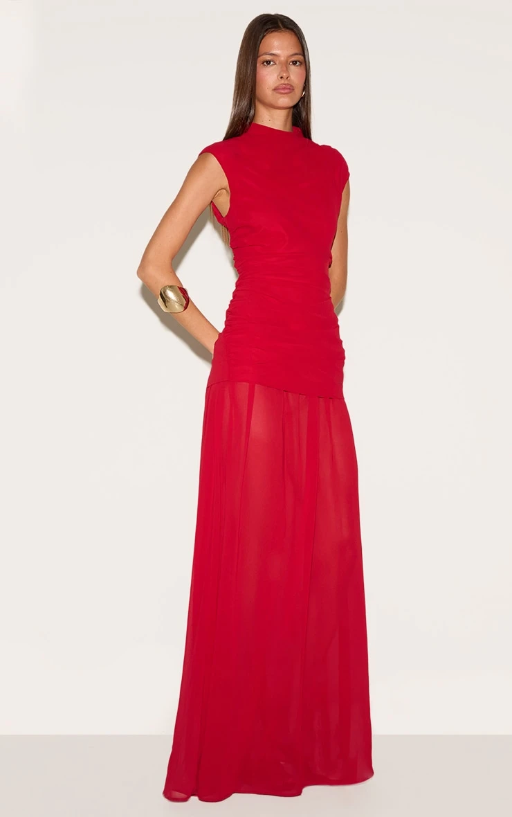 Prettylittlething Red Chiffon Ruched Dropped Waist Sleeveless Maxi Dress - Image 3