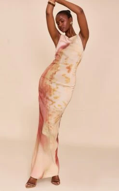 Prettylittlething Natural Abstract Printed Chiffon Maxi Dress