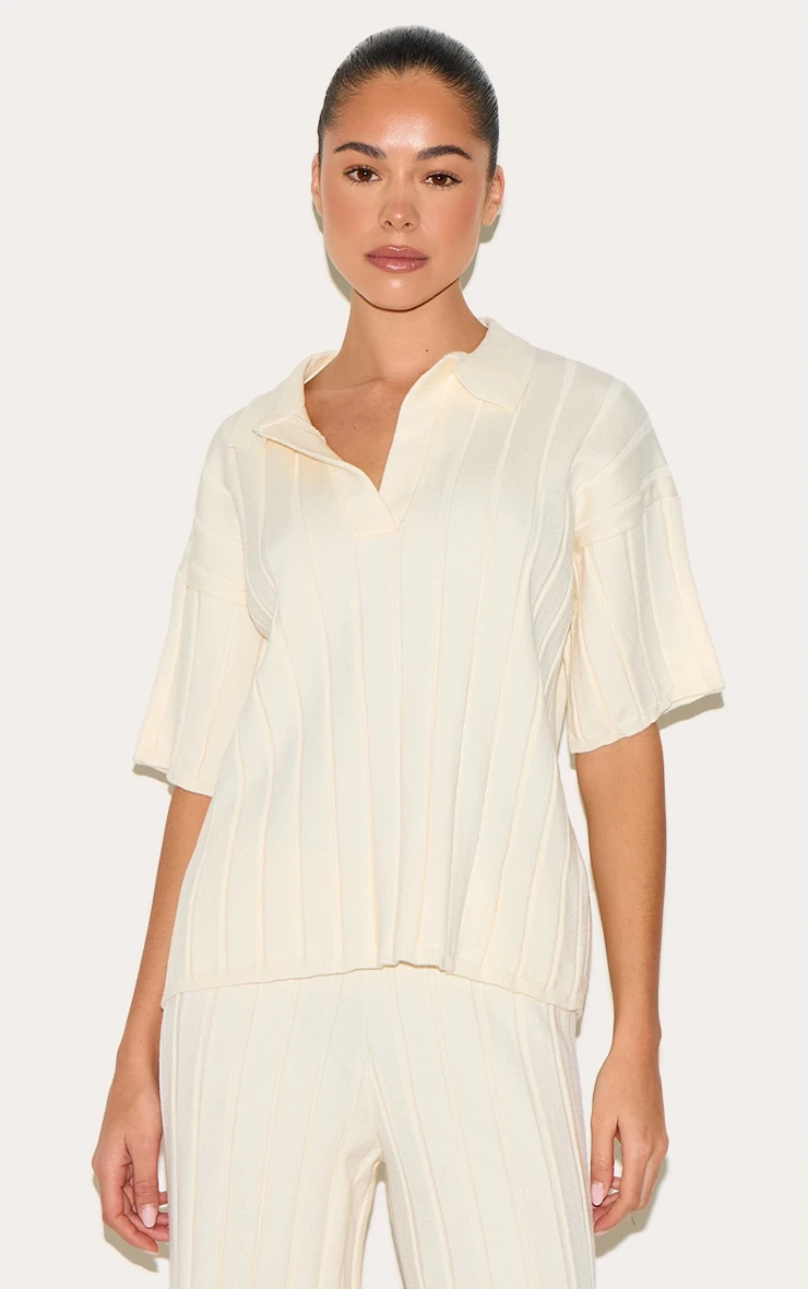 Prettylittlething Cream Rib Knit Oversized Polo Top