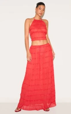 Prettylittlething Tomato Chiffon Ruched Frill Detail Tiered Maxi Skirt
